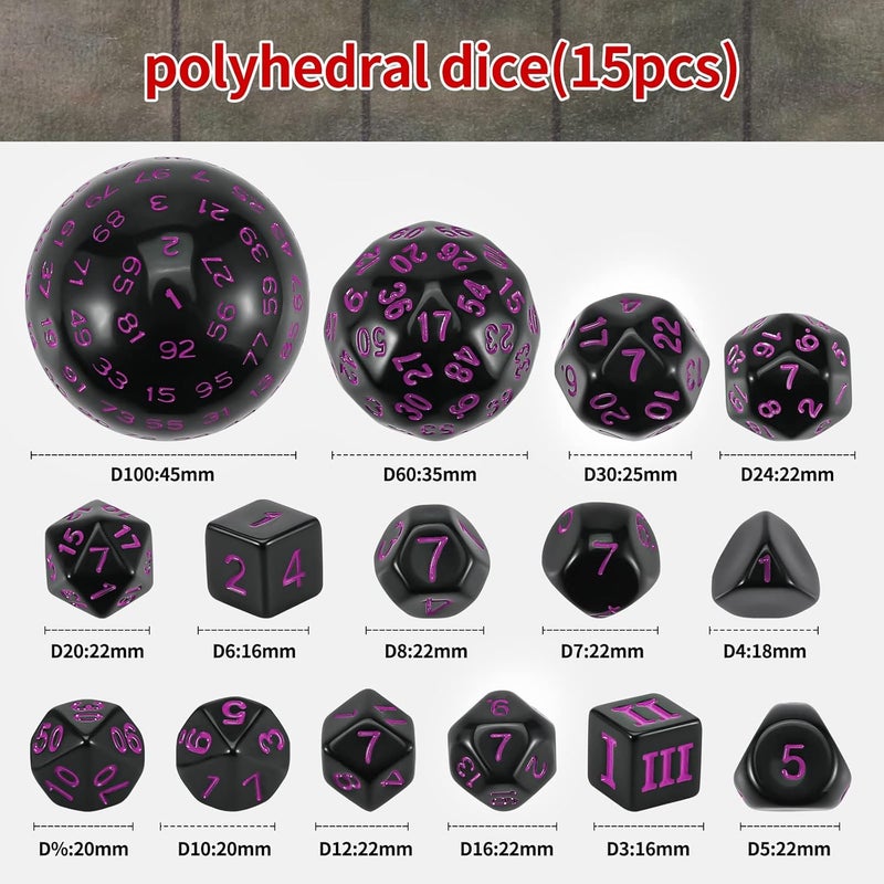 CiaraQ DND Polyhedral Dice Set (15pcs) D4-D100 Game Dice with Dice Bag for Dungeons and Dragons Role Playing Table Games (Black & Purple) - Image 2